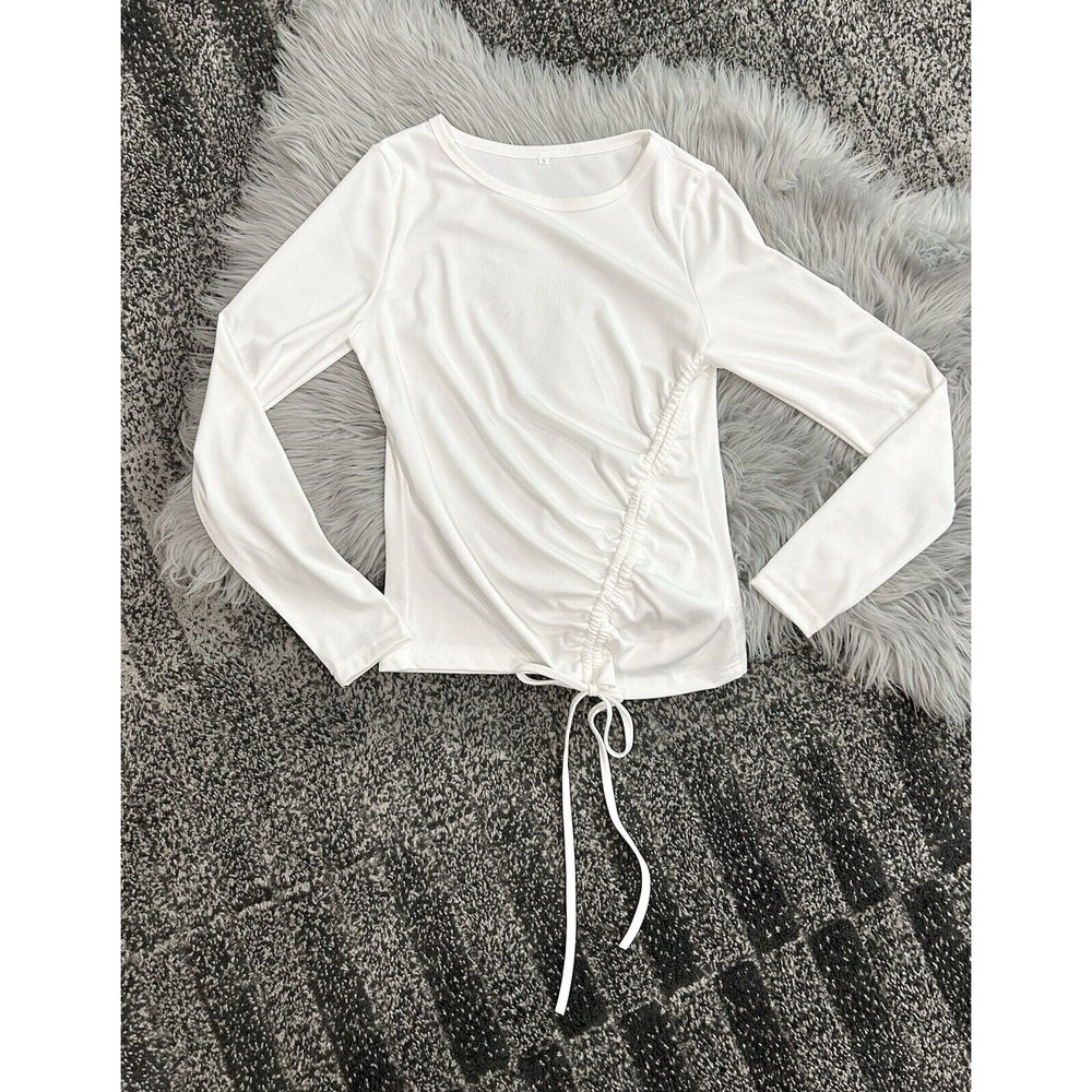 Women's White Rushed Tie Long‎ Sleeve Ribbed Top Size Small - Picture 2 of 3